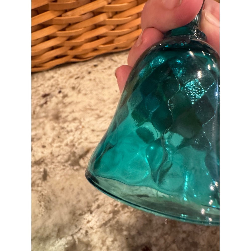Vintage Fenton Teal Blue Glass Bell Hand Painted Floral Diamond Optic Signed - Picture 7 of 10